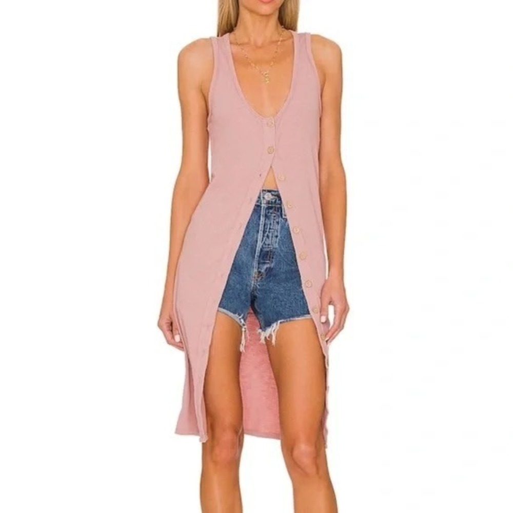 Free People We The Free Button Front Tank Dress Duster XL Pink Ribbed‎ Knit NWT